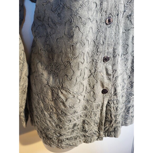 Boho Minimalist Gray Embroidered Button Down Top | Artsy Textured Long Sleeve M - Picture 5 of 16